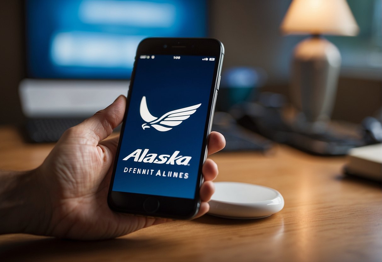 Alaska Airlines logo on a webpage with phone number, email, and social media icons for contact information