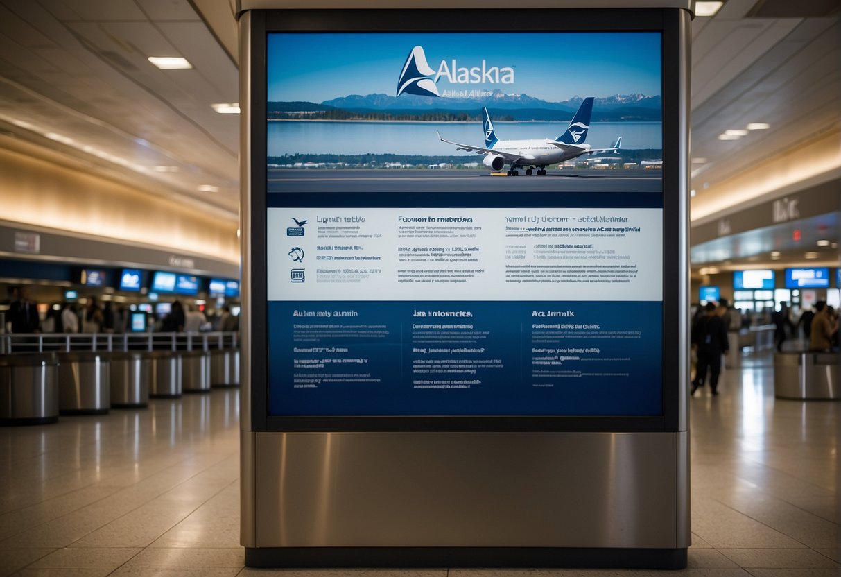 Alaska Airlines contact info displayed on a public notice board in a busy airport terminal