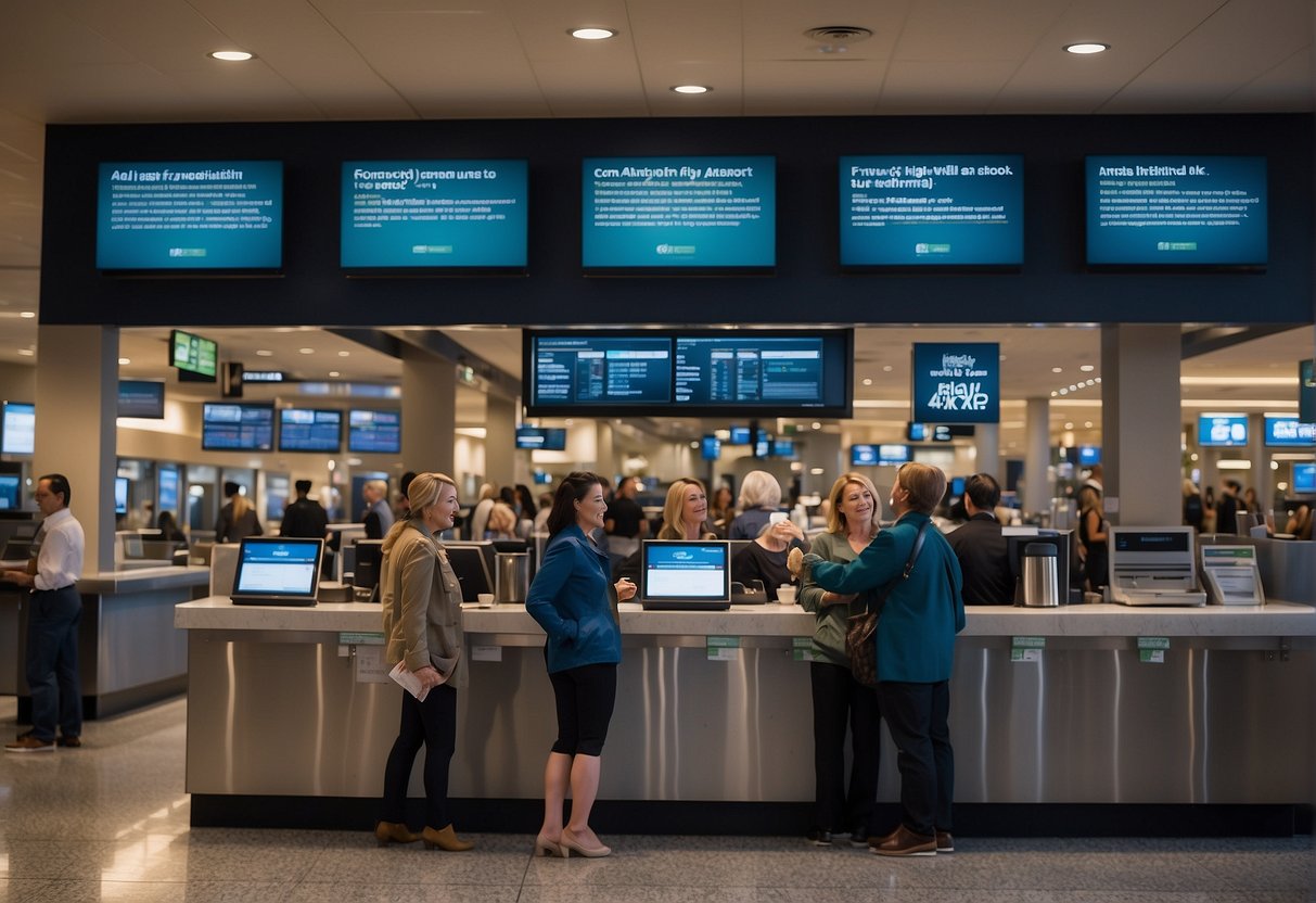 Passengers exchanging contact info with Alaska Airlines staff. Tables, phones, and paperwork. Busy airport terminal backdrop