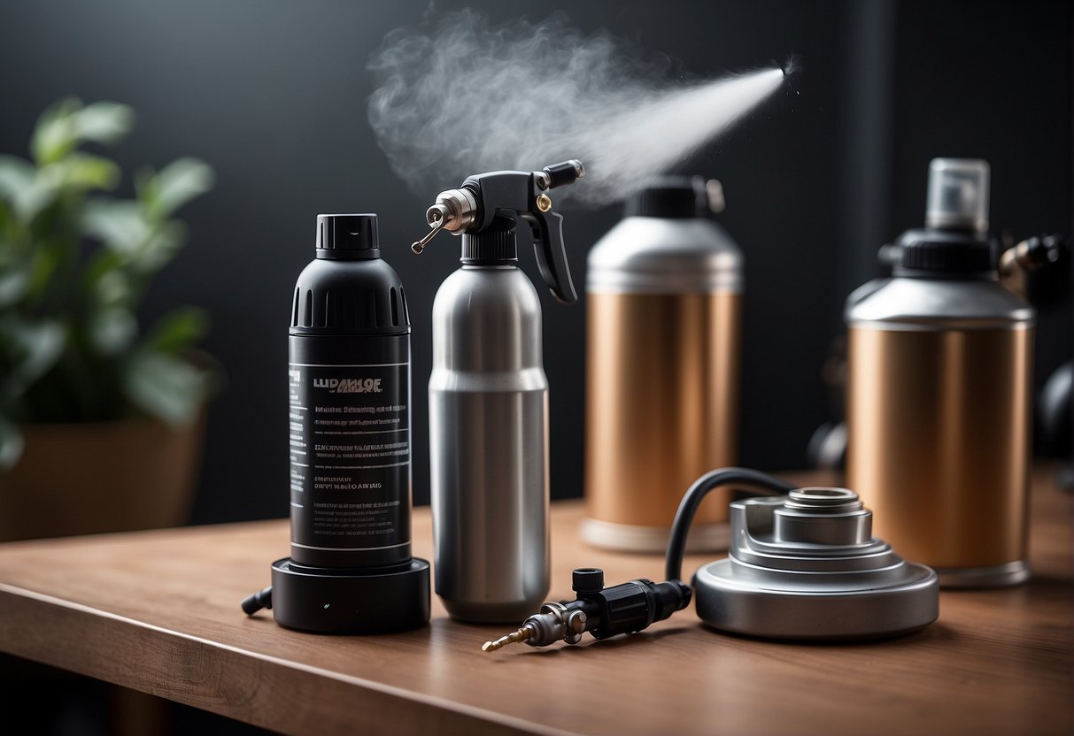An airbrush and a spray paint can sit on a table, ready to be used. The airbrush has a small nozzle and a compressor, while the spray paint can has a nozzle and a pressurized container
