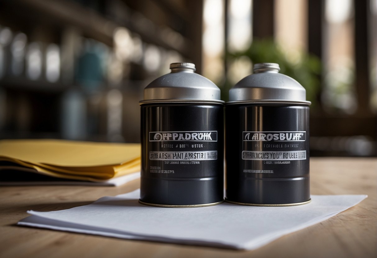 Two paint cans, one labeled "airbrush" and the other "spray paint," sit on a table. A piece of paper displays various performance and results data