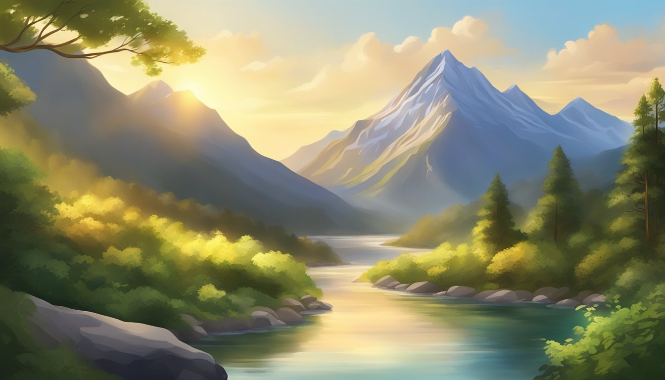 A serene mountain peak bathed in golden sunlight, surrounded by lush greenery and a calm, flowing river below