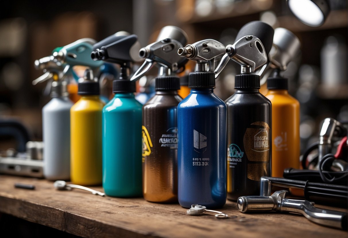 An airbrush and spray paint sit side by side on a cluttered workbench, each with their own set of advantages and disadvantages. The airbrush is delicate and precise, while the spray paint is quick and efficient