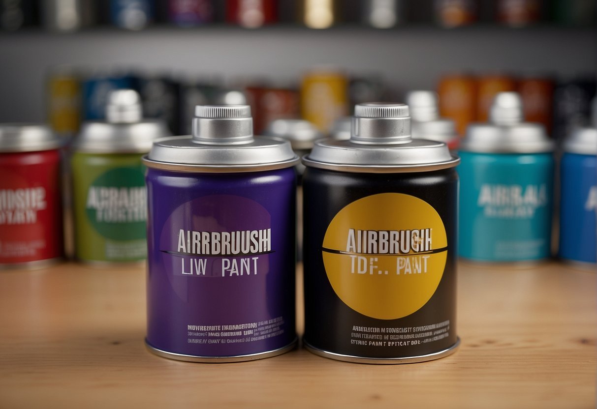 Two paint cans labeled "airbrush" and "spray paint" sit on a table, with a question mark hovering between them