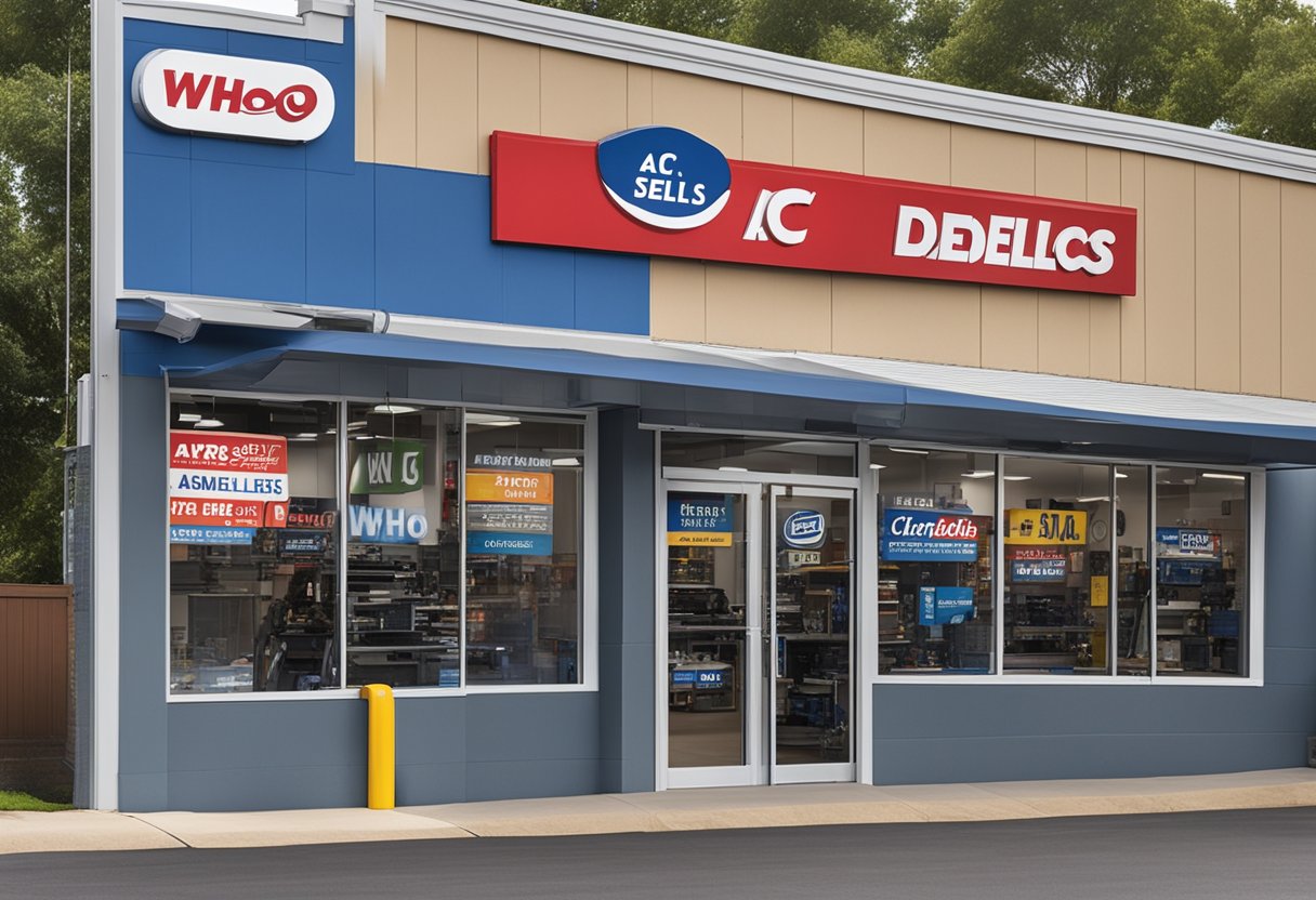 A storefront with a large sign reading "Who Sells AC Delco Parts?" above a display of various car parts and accessories