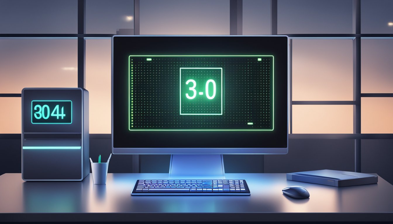 A computer with a glowing screen displaying the number "304" in a high-tech and futuristic setting