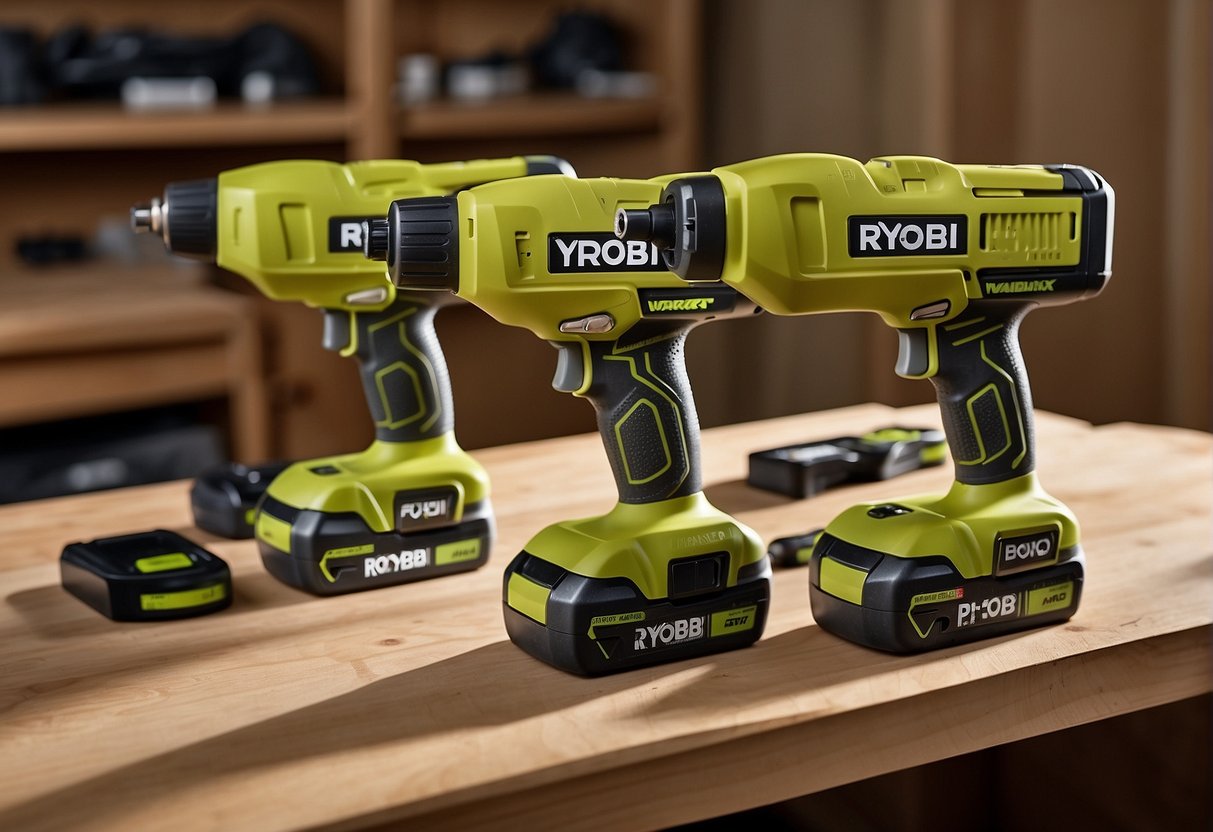 The scene depicts two Ryobi cordless nailers, the P325 and P326, side by side on a workbench, showcasing their convenience features