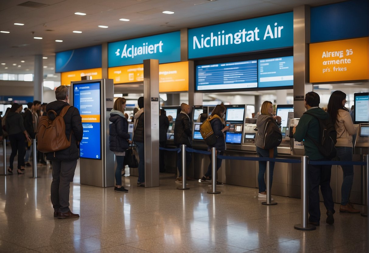 Passengers searching for contact information at an airport kiosk. Signs display Allegiant Air's phone number and website for public access