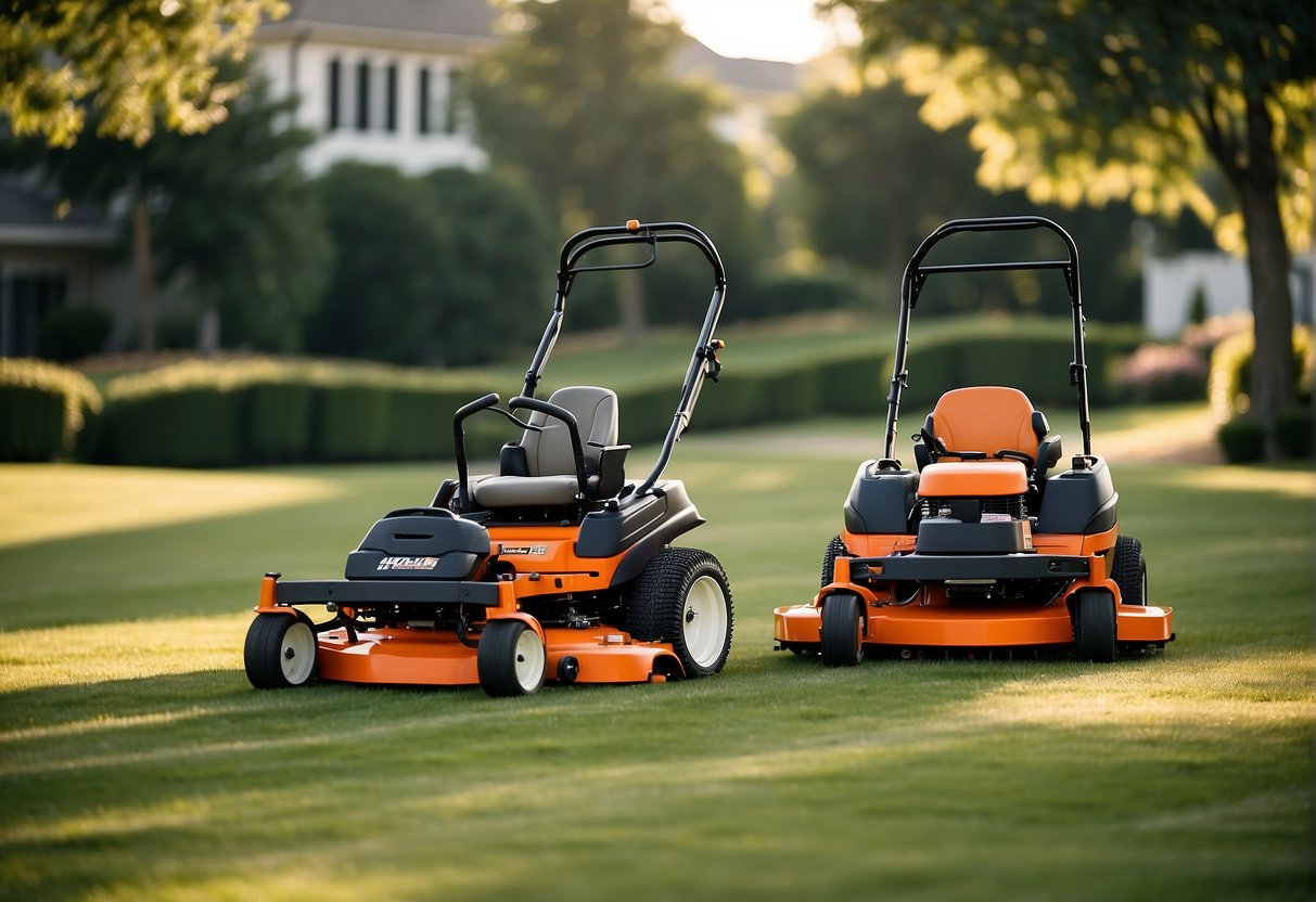 Two commercial mowers, Scag and Hustler, racing side by side on a neatly manicured lawn. The sun shines down on the sleek, powerful machines as they effortlessly cut through the grass with precision and speed