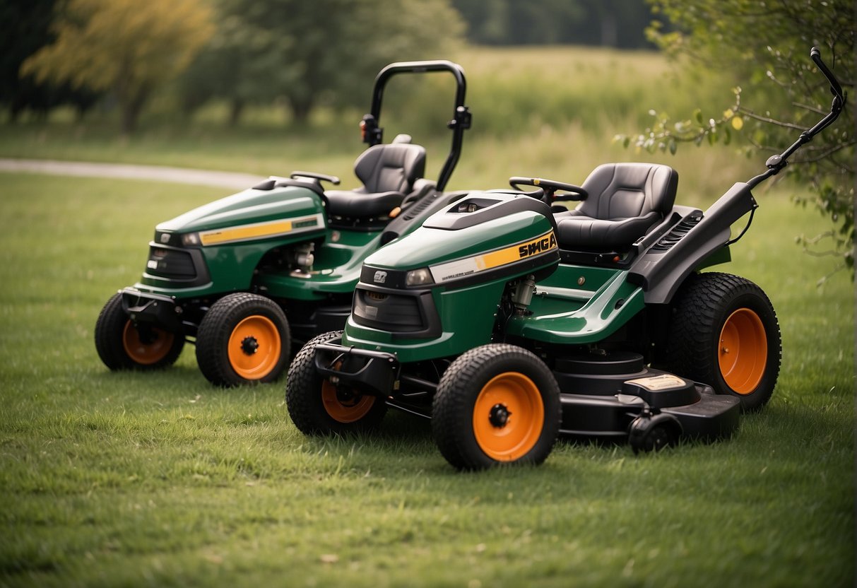 Two lawnmowers, Scag and Hustler, face off in a rugged terrain. Scag showcases durability while Hustler demonstrates easy maintenance