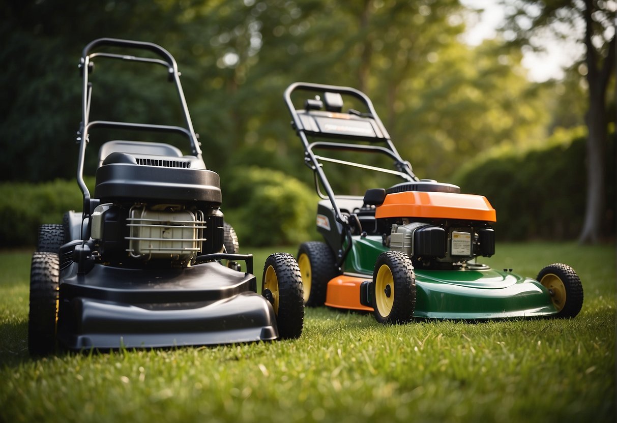 Two lawnmowers, Scag and Hustler, side by side. Price tags and warranty information prominently displayed