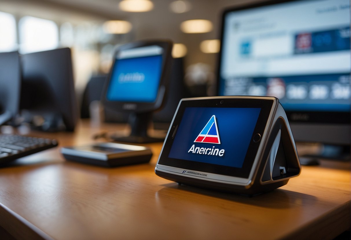 An American Airlines logo displayed on a customer service desk, with a phone and computer nearby for contact information