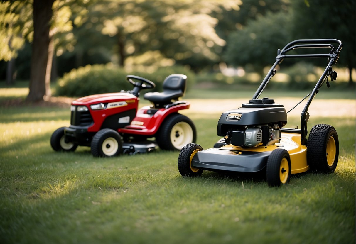 A Troy Bilt and Cub Cadet face off in a yard, surrounded by grass and trees. The two machines are positioned side by side, ready for a comparison