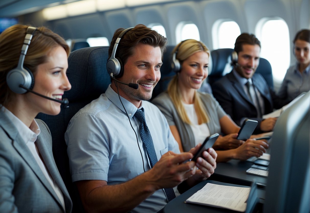 Passengers talk on phones, write notes, and use digital devices to communicate with American Airlines customer service