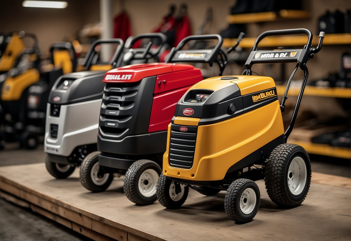 The Troy Bilt and Cub Cadet machines are displayed side by side, highlighting their different features and usability. Clear labels and comparisons are shown to help customers make an informed decision