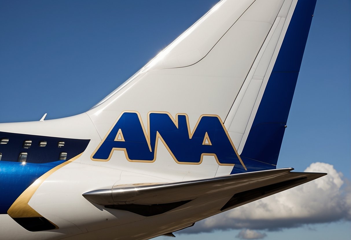 ANA logo on a sleek airplane tail fin, against a blue sky with fluffy white clouds