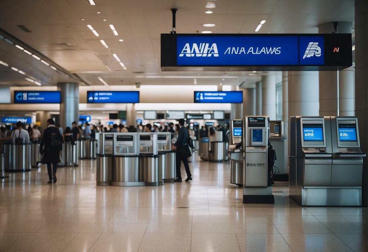 A bustling airport terminal with clear signage displaying ANA (All Nippon Airways) contact information for public access
