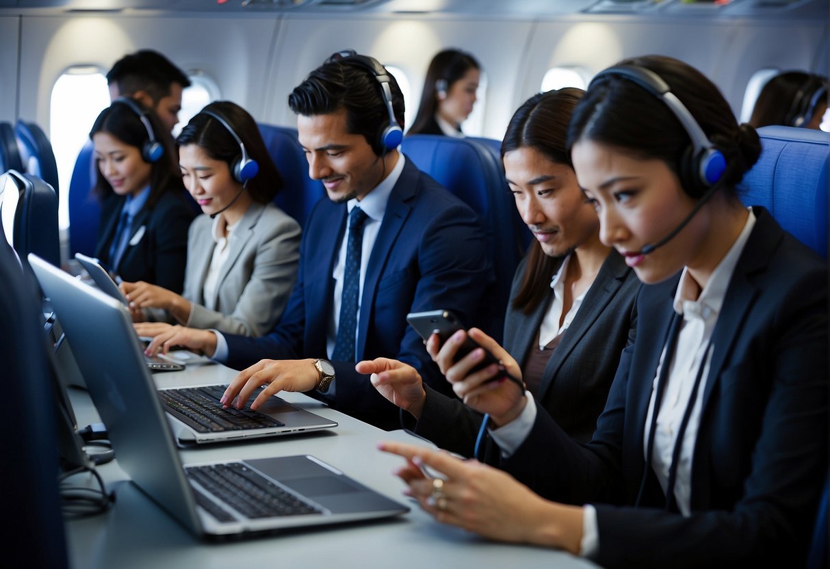 A group of passengers are seen using various communication devices to contact ANA (All Nippon Airways) for assistance. The scene shows a mix of smartphones, laptops, and tablets being used to make calls, send emails, and access the airline's