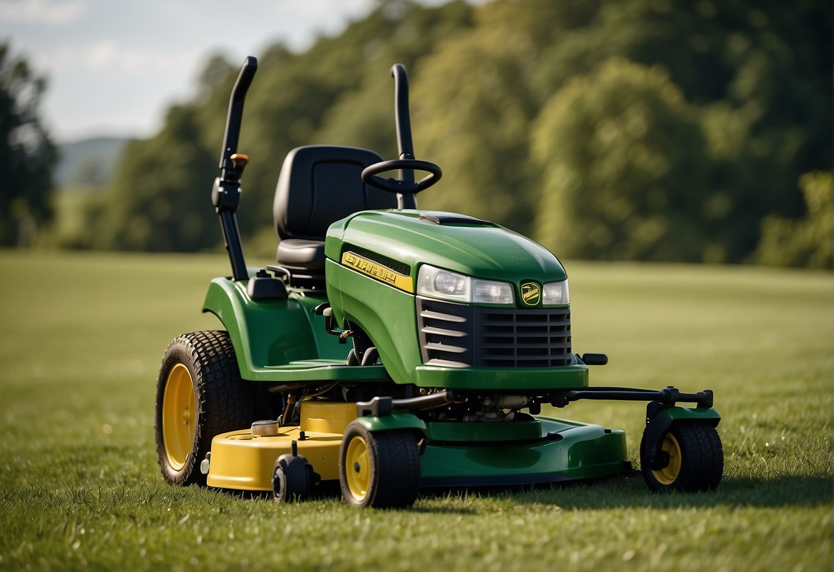 Two lawn mowers face off in a grassy field, John Deere and Scag logos prominent on their powerful machines