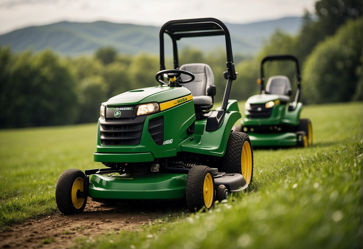 A lush green field with two powerful lawn mowers, one branded with John Deere and the other with Scag, facing each other in a competitive stance