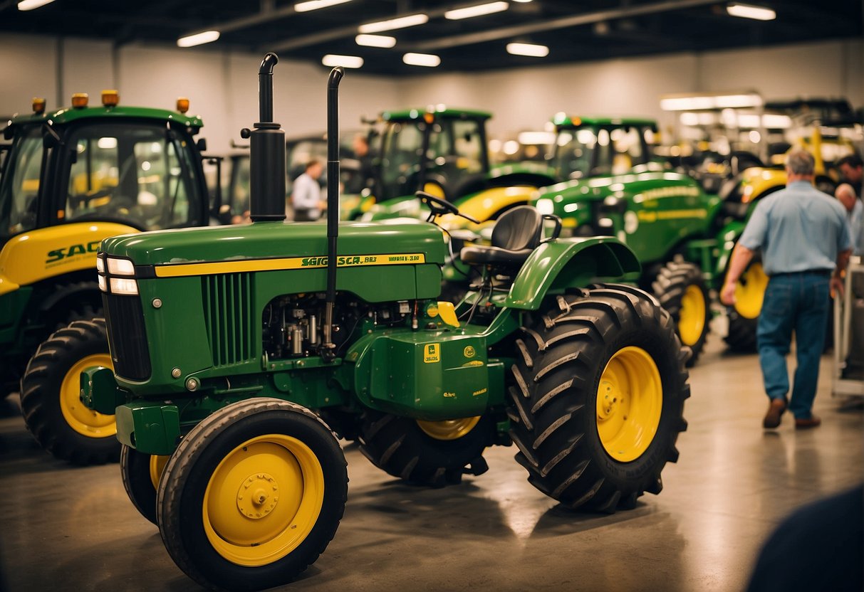 A bustling market with John Deere and Scag equipment on display, surrounded by satisfied customers examining the products and engaging with knowledgeable sales representatives