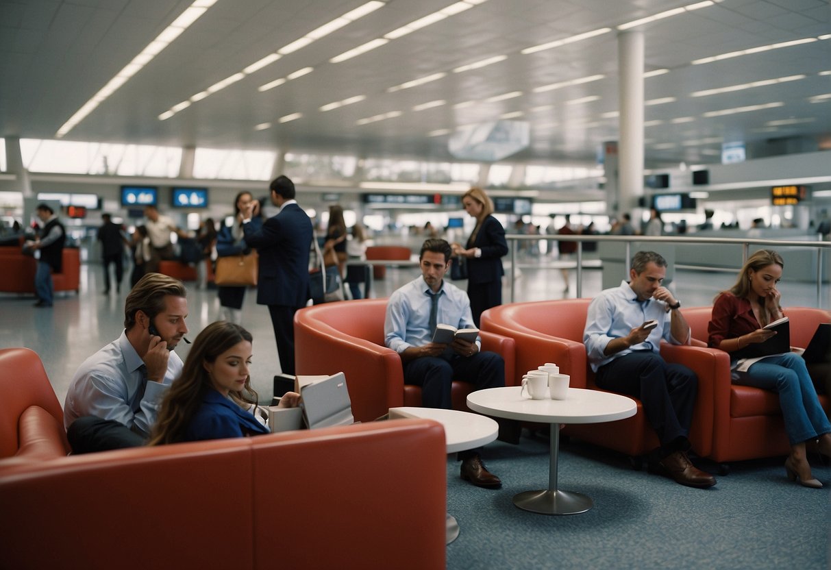 Passengers talking on phones, typing on laptops, and reading Avianca contact information pamphlets in an airport terminal