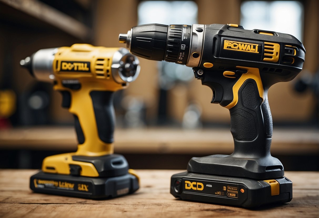 Two power drills, dcd708 and dcd771, face off on a workbench