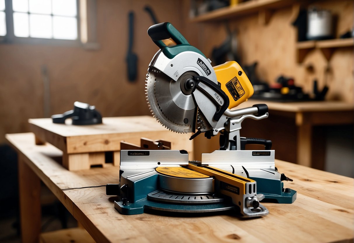 A corded miter saw sits plugged into a power outlet, while a cordless miter saw rests on a workbench with a battery pack attached