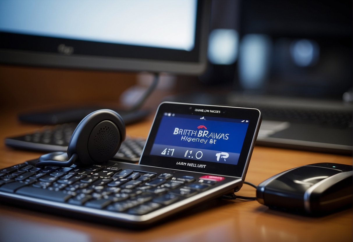A phone and computer on a desk with the British Airways logo displayed. Contact information visible on screen