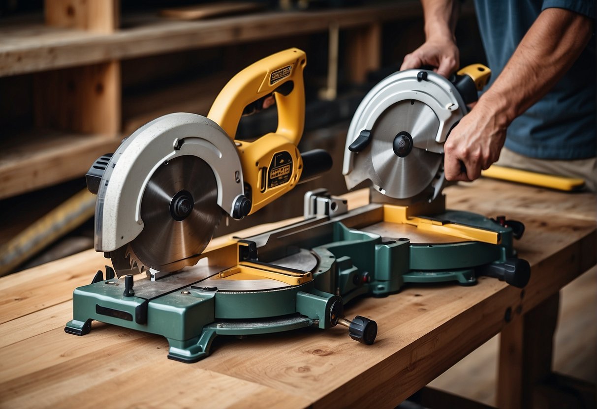 A corded and cordless miter saw side by side cutting through wood with precision and efficiency