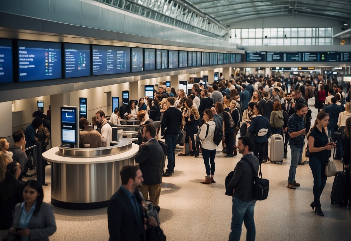 A crowded airport terminal with a British Airways customer service desk prominently displayed, surrounded by people seeking access to contact information