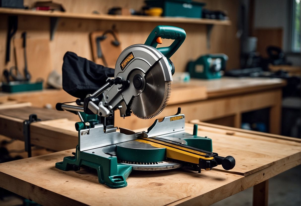 A corded miter saw sits on a sturdy workbench, plugged into a nearby outlet. A cordless miter saw is held by a worker, with a battery pack attached to the back. Both saws are positioned next to a piece of
