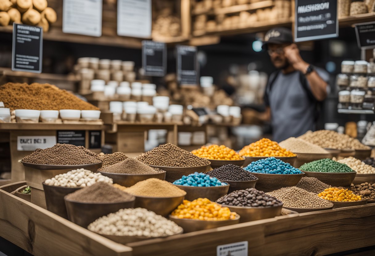 A bustling market stall displays Ryze Mushroom Coffee. Customers inquire about the product, while the seller proudly showcases the unique blend