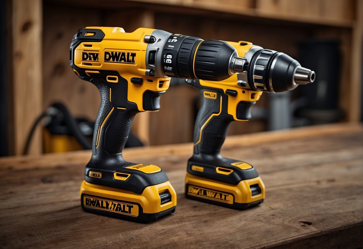 Two Dewalt drills side by side, one labeled DCD796 and the other DCD996, with their respective features and specifications highlighted