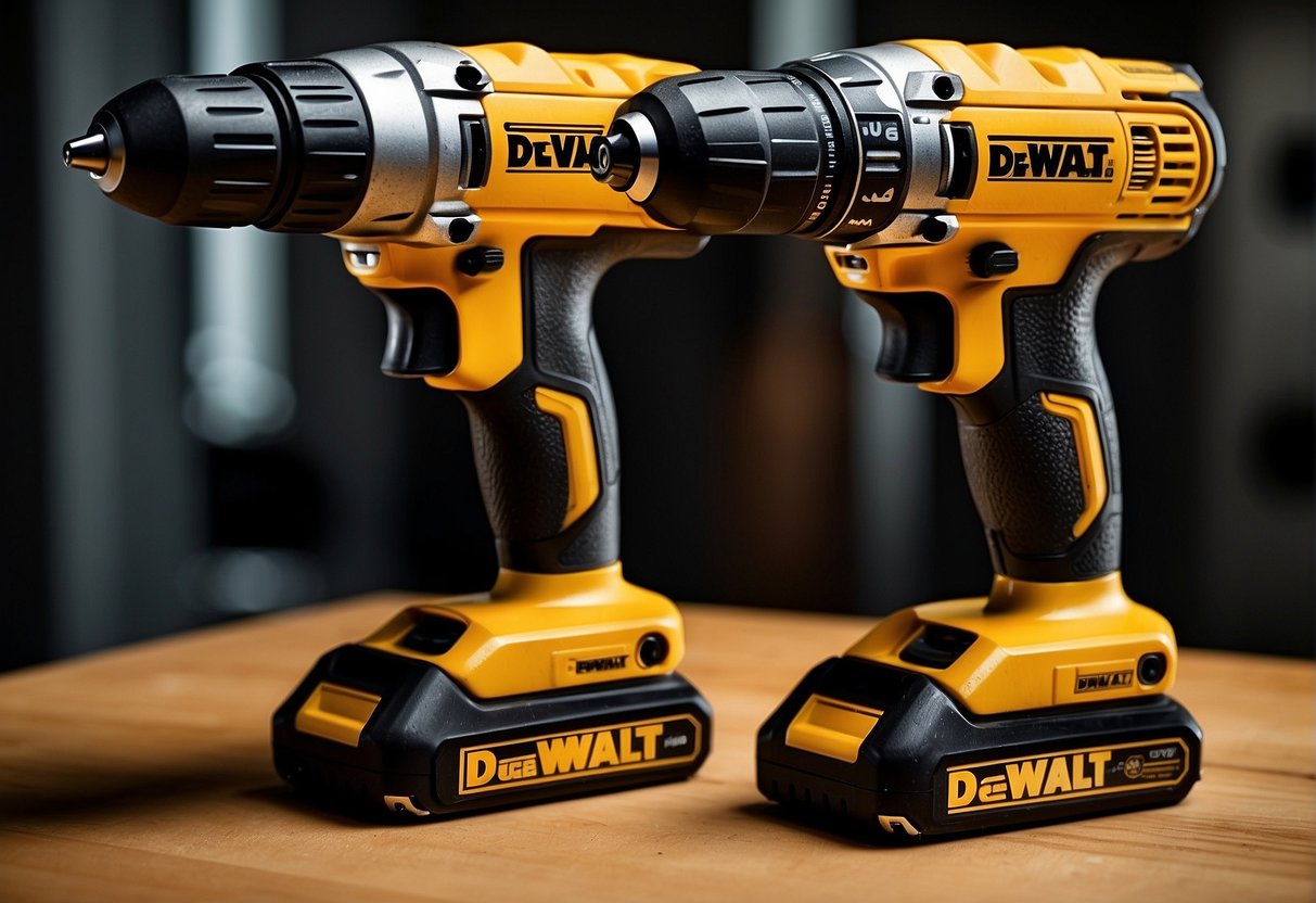 Two cordless drills side by side, one labeled "dewalt dcd796" and the other "dcd996." The dcd996 has a longer battery life and a more robust build