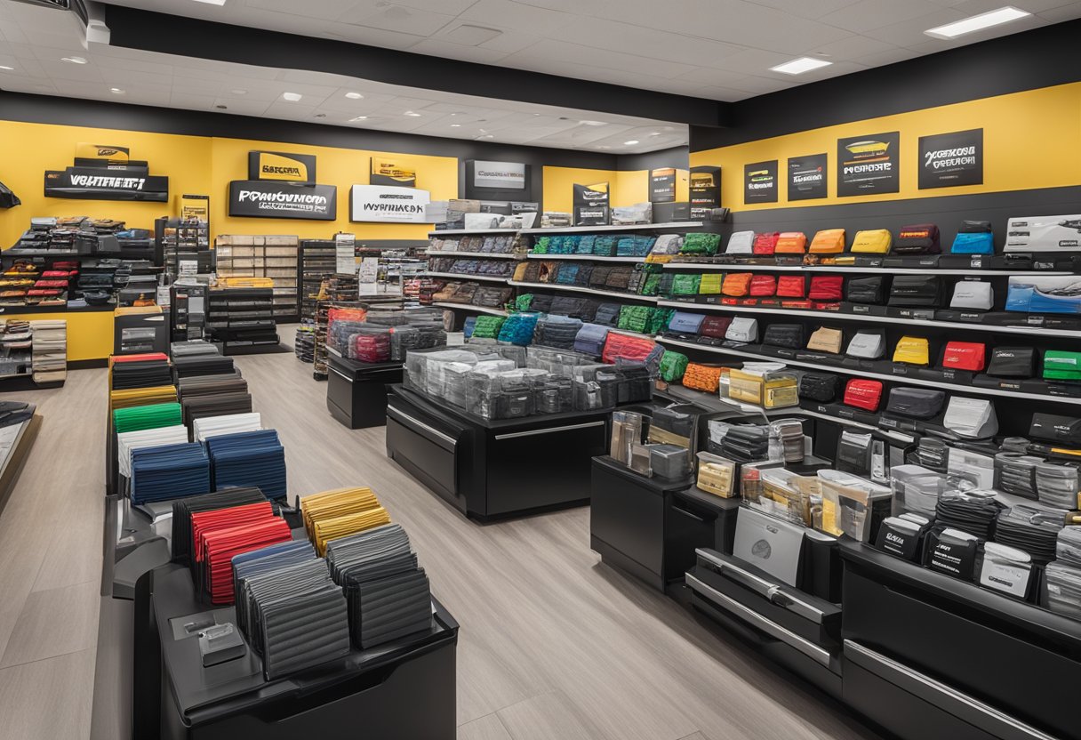 A store display with Weathertech gift cards prominently featured, surrounded by automotive accessories and products