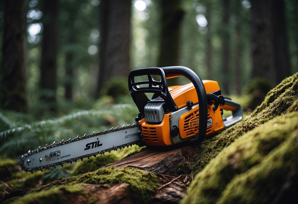 A chainsaw battle between Oregon and Stihl chains in a dense forest
