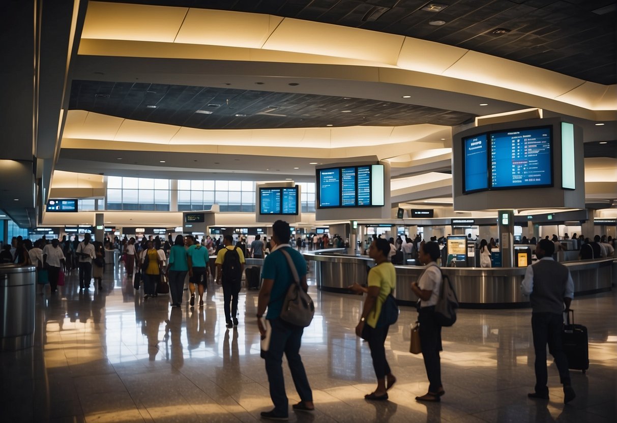 A bustling airport terminal with people accessing Caribbean Airlines contact information displayed on large screens and kiosks