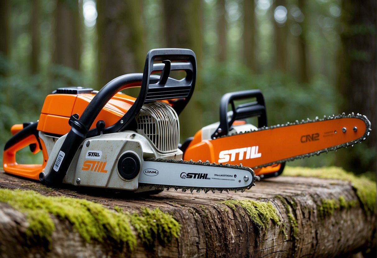 Two chainsaws, one labeled "Oregon" and the other "Stihl," are placed side by side on a flat surface. The technical specifications and compatibility information are displayed next to each chainsaw