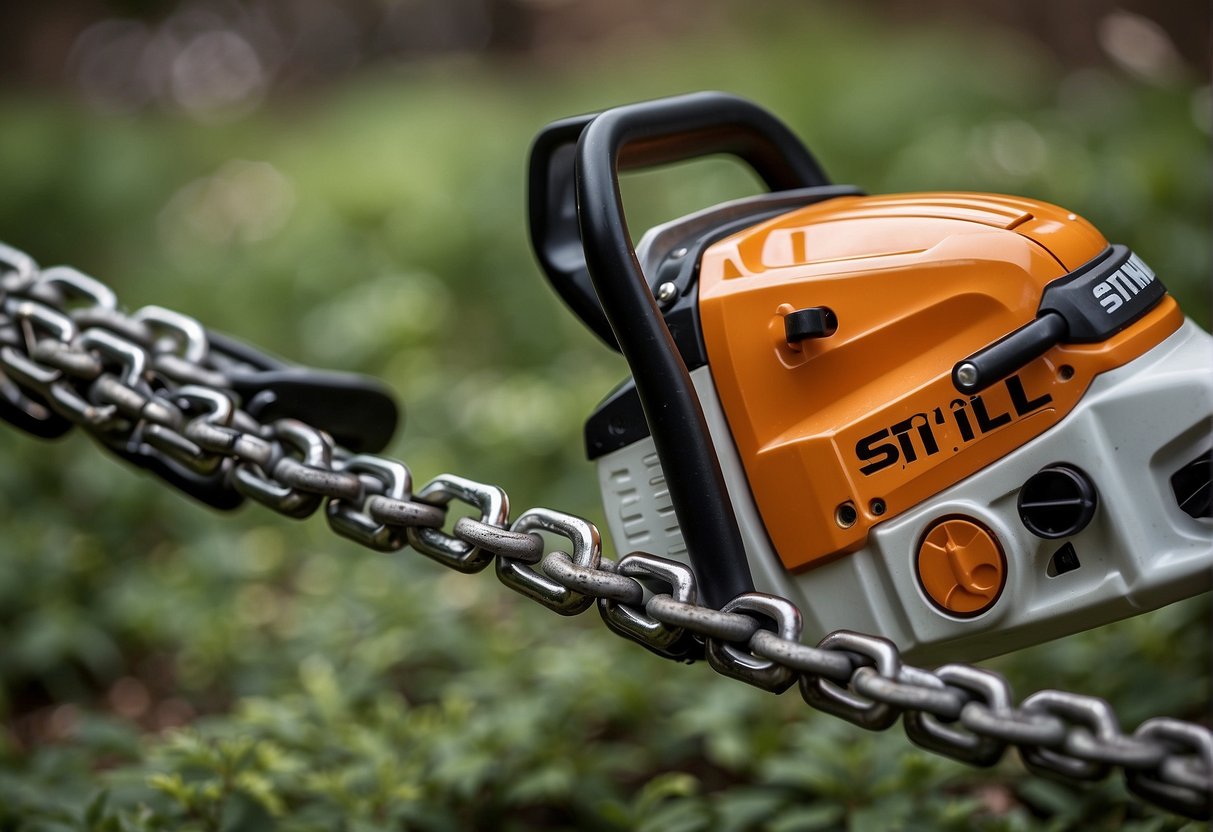 The Oregon chain features safety and maintenance elements. The Stihl chain also includes safety and maintenance components