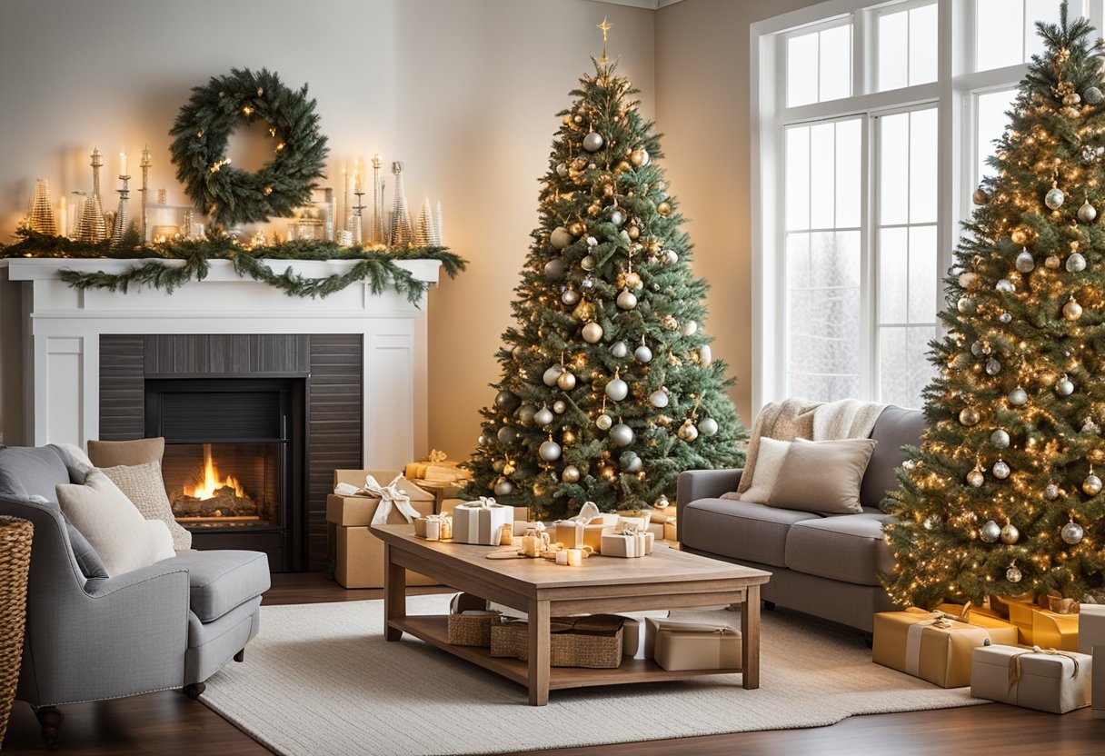 A cozy living room with a beautifully decorated Balsam Hill Christmas tree as the focal point, surrounded by presents and twinkling lights