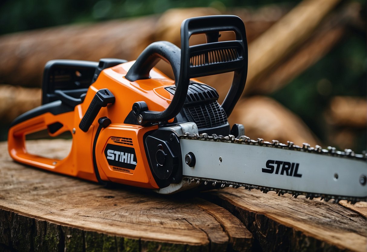 A chainsaw from Oregon and a chainsaw from Stihl are placed side by side with a list of frequently asked questions displayed between them