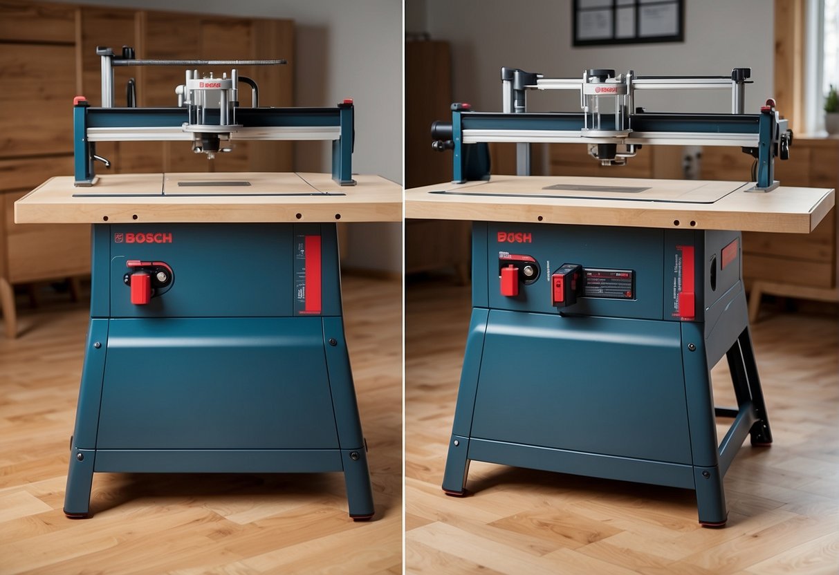 A comparison of Bosch ra1181 and ra1171 router tables, side by side with their features highlighted