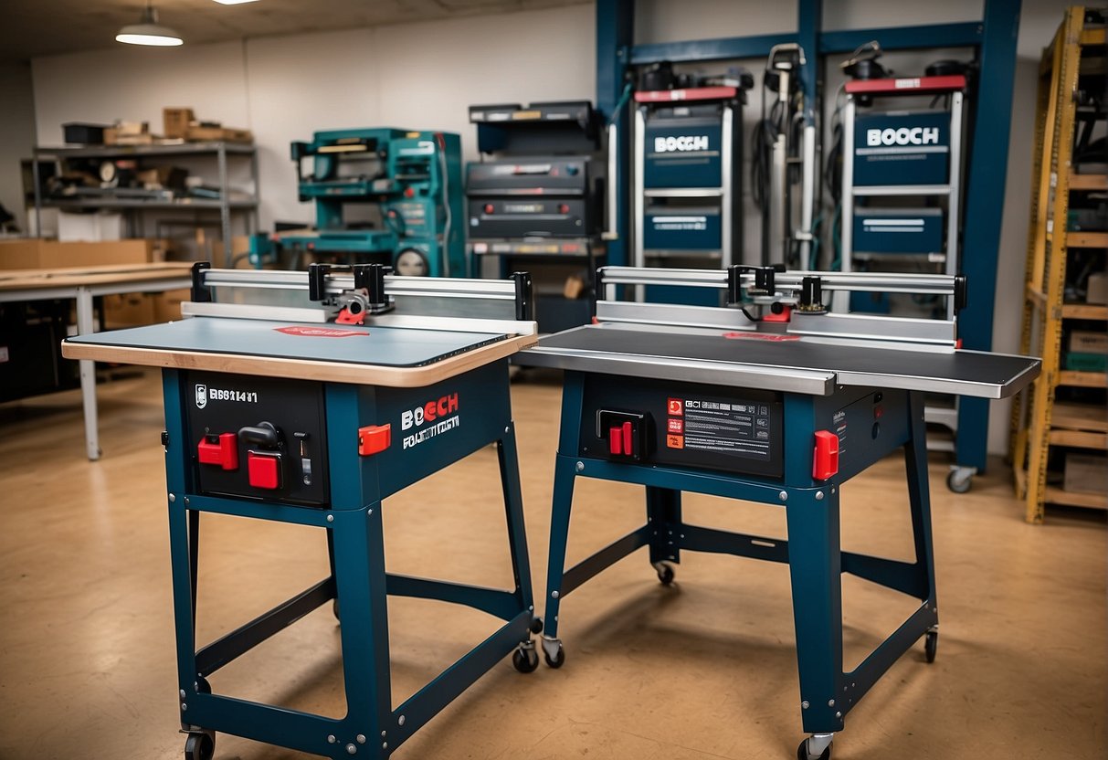Two router tables side by side, one labeled "Bosch RA1181" and the other "Bosch RA1171." Each table has various accessories and features highlighted to showcase their price and value considerations