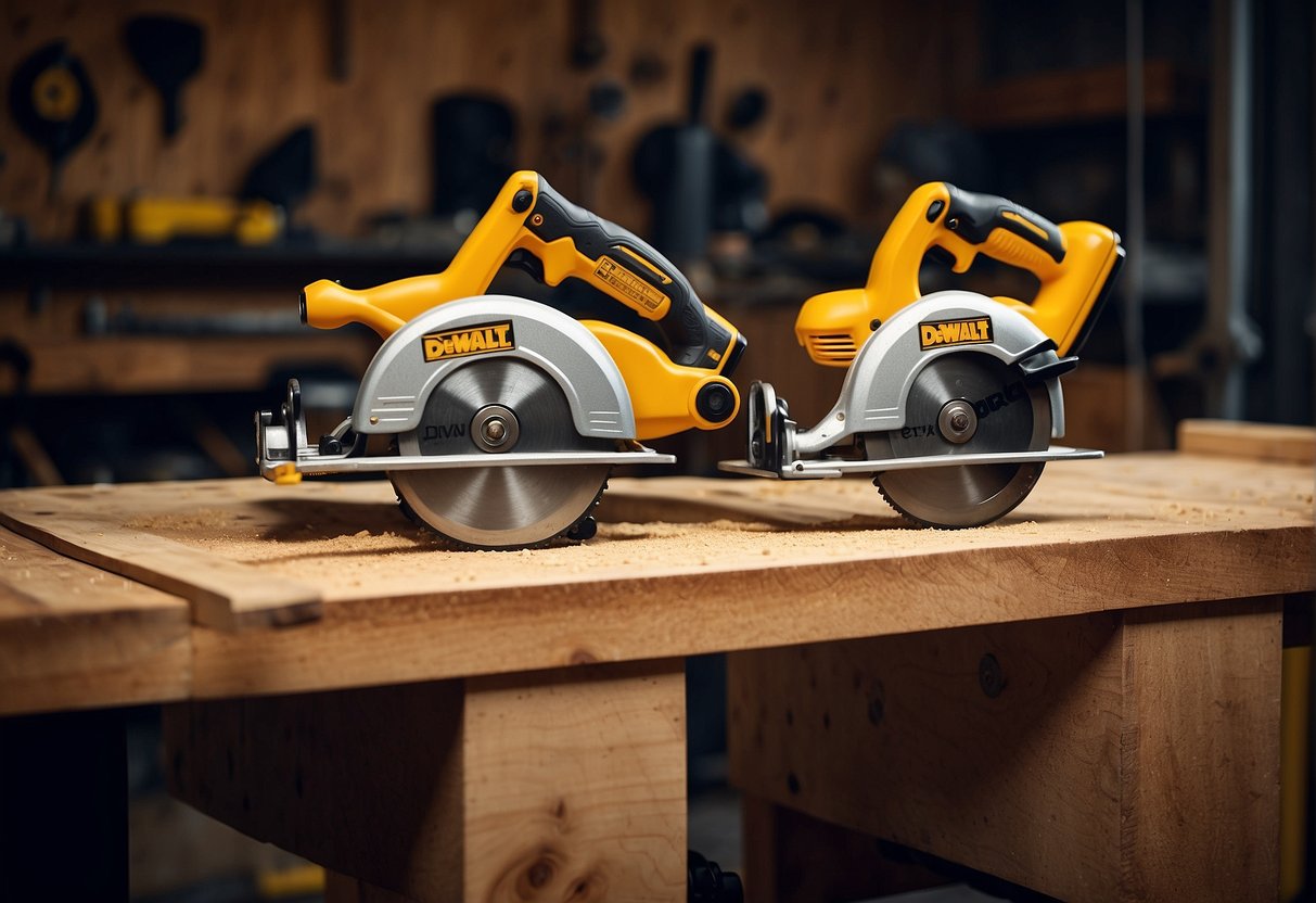 Two miter saws face off on a workbench, Dewalt and Ridgid logos prominently displayed on the machines. Sawdust and wood offcuts litter the surface
