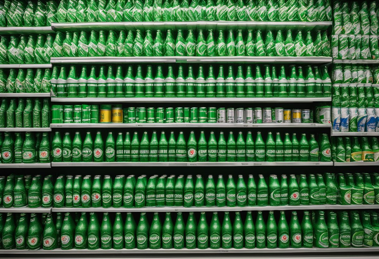 A store shelf displays Heineken 0.0 cans and bottles. Bright, eye-catching packaging stands out among other beverages