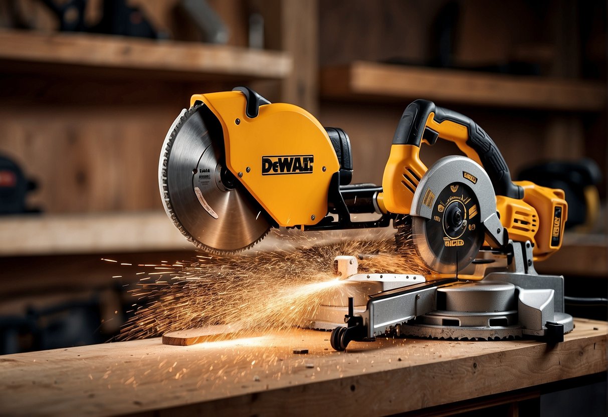A Dewalt and Ridgid miter saw side by side, cutting through wood with precision. Sawdust flying in the air as they effortlessly slice through the material