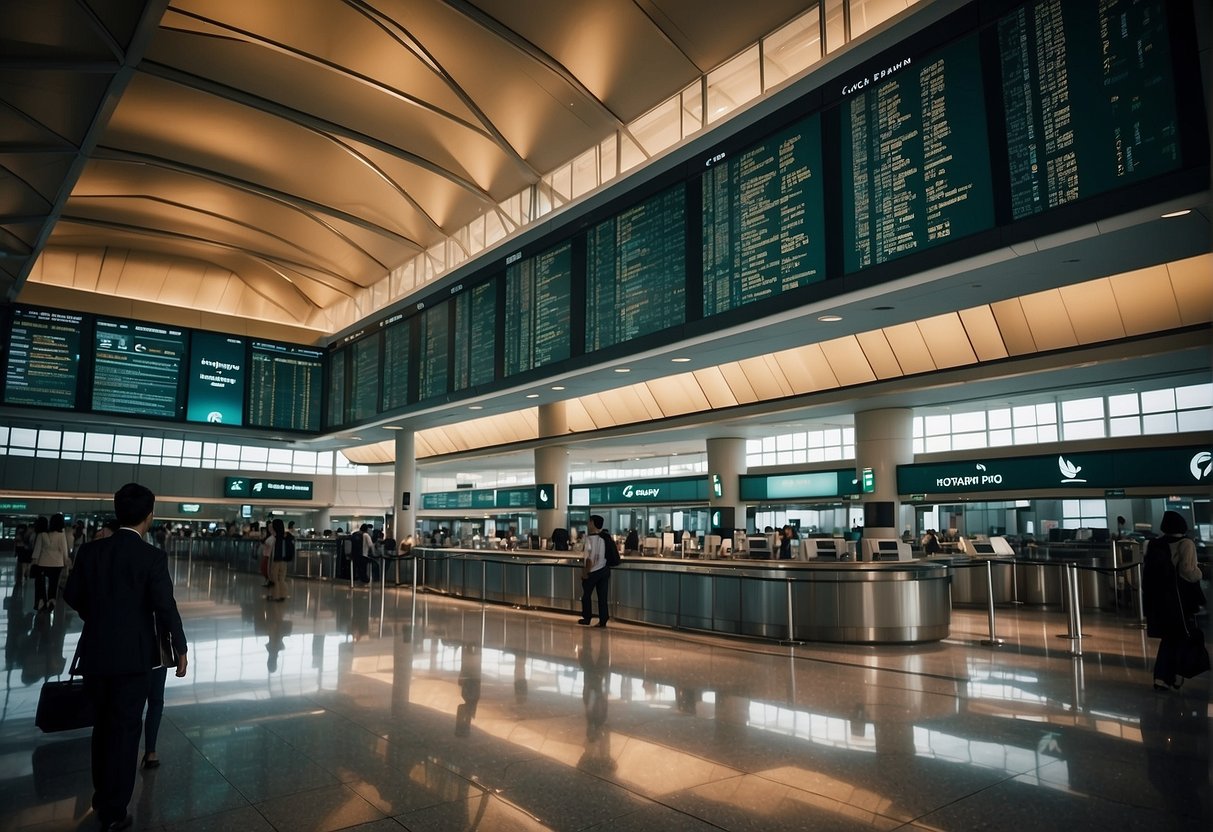 A bustling airport terminal with a prominent display of Cathay Pacific contact information, easily accessible to the public