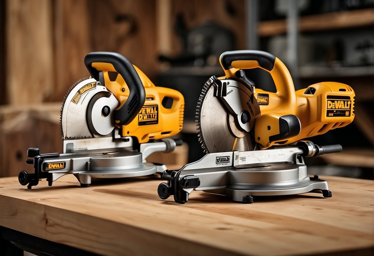 The Dewalt and Ridgid miter saws are displayed side by side, with price, durability, and warranty information clearly labeled for comparison