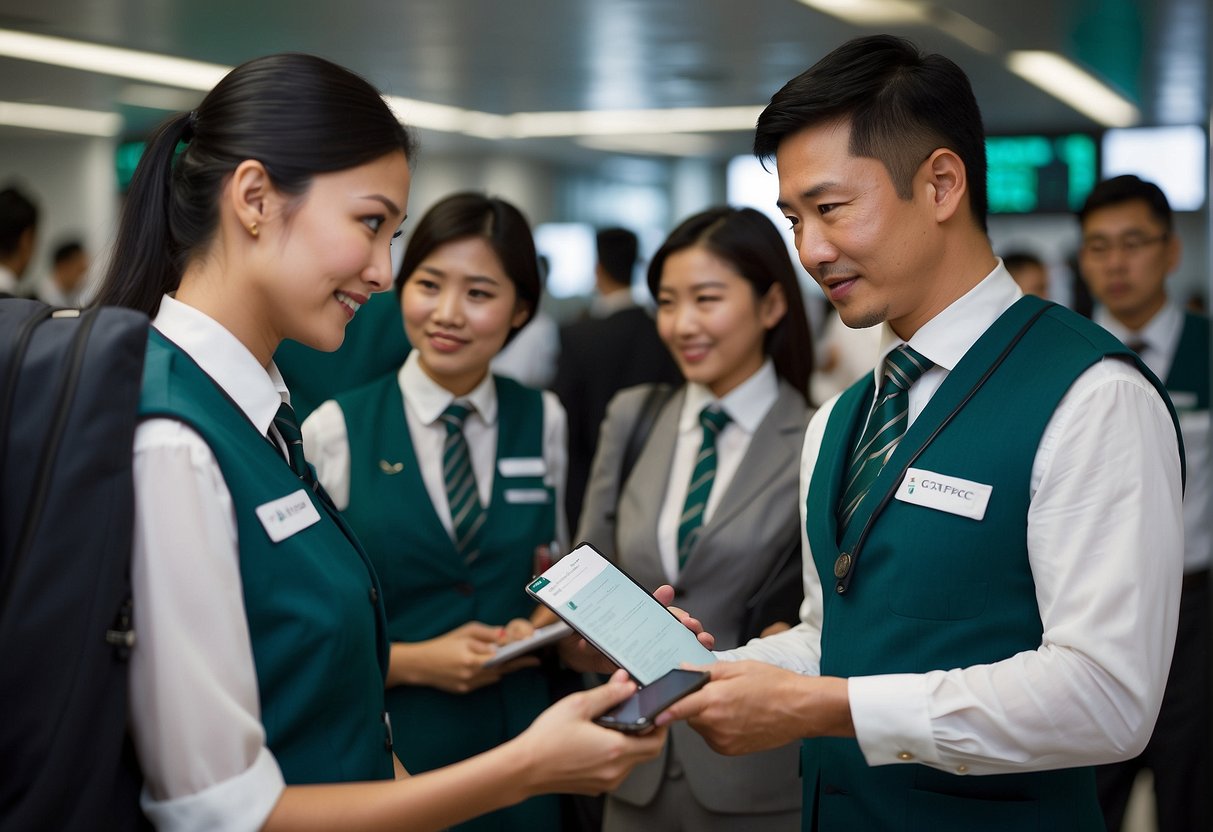 Passengers exchanging information with Cathay Pacific staff. Contact details visible